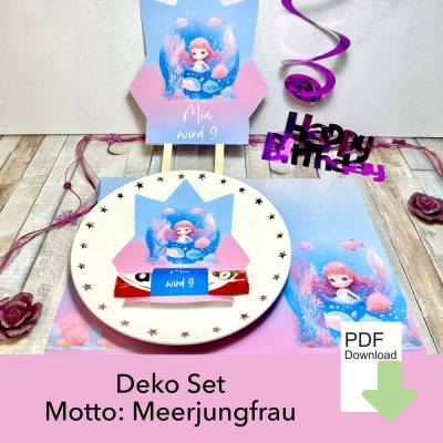 Dekoration Kindergeburtstag Set, Duplo Banderole, Cake Topper, Tischset, Motto Meerjungfrau, Geburtstag Mädchen, PDF