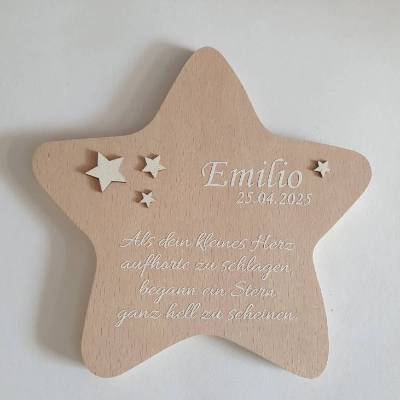 Erinnerung an ein Sternenkind, Geschenk für Sterneneltern, individuelle gestaltetes Trauergeschenk, Naturholz Stern