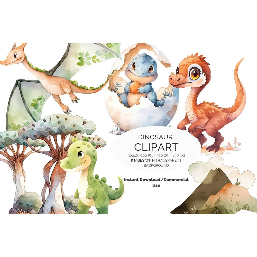 13 digital Dinosaur PNG Watercolor Clipart Bundle, Sublimation,Commercial License Bild 1
