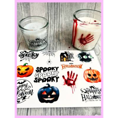 Kerzentattoo HALLOWEEN XL,  f. Kerzengläser/Stumpenkerzen etc., A5 Wasserschiebefolie, Kerzenfolie, Kerzensticker