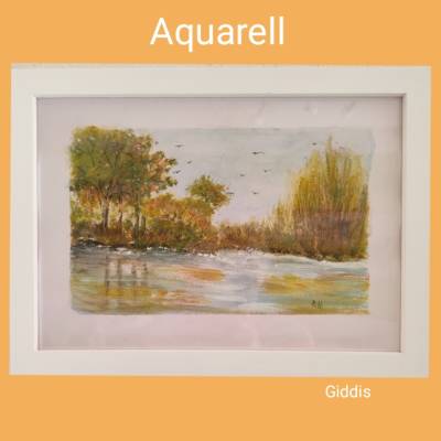 Aquarell, DIN A4 "Flußufer im Herbst", original & signiert