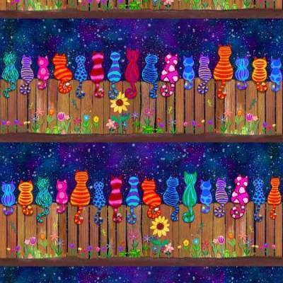 Patchwork Baumwollstoff Katzen Bordüre Holzzaun Timeless Treasures NICK-CD1486 – 100% Baumwolle, 110cm breit