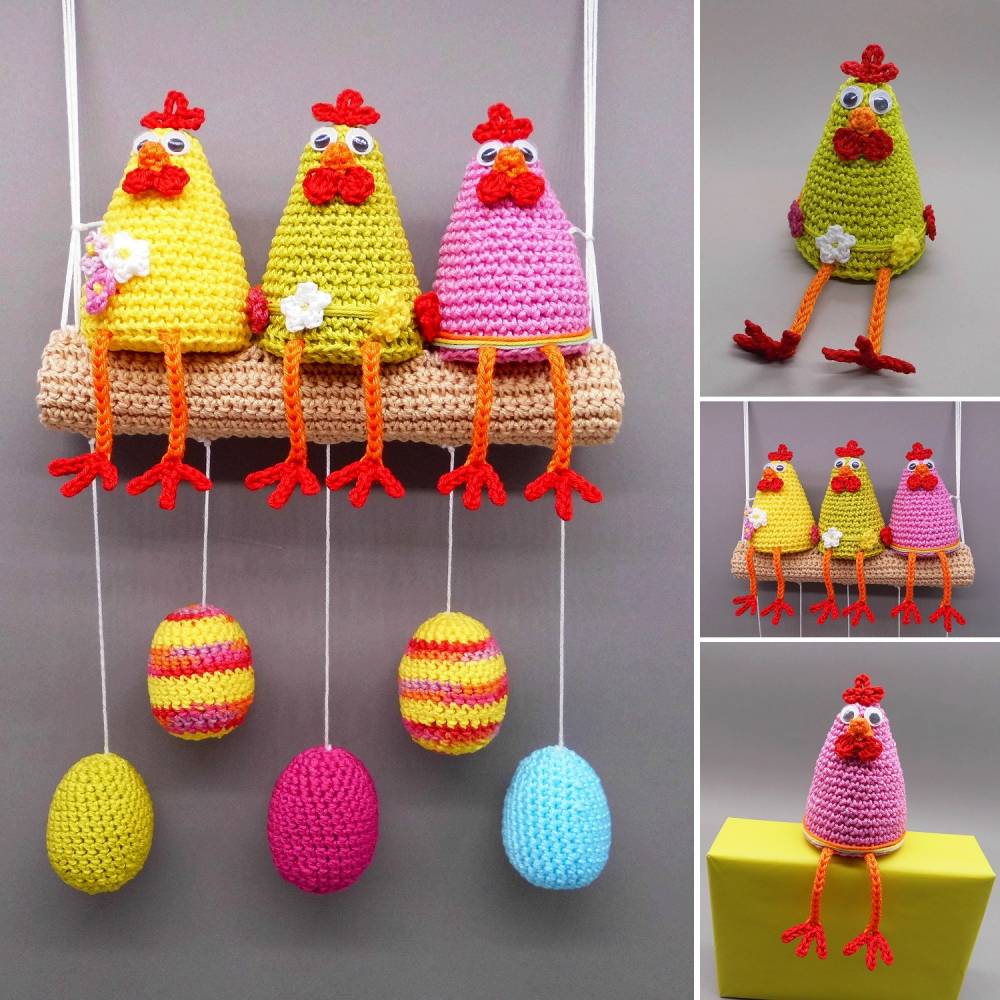 Häkelanleitung Ostern Hühner auf der Stange - Kantenhocker, Türdekoration & Wanddekoration - einfach aus Wollresten Bild 1