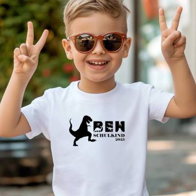 Personalisiertes Kinder T-Shirt zur Einschulung - Dino-Motiv mit Name - Geschenk Schulanfang 2026 - Schulkind T-Rex