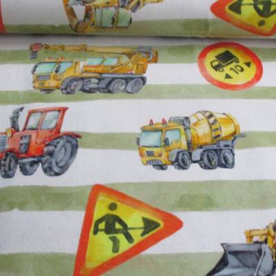 Baumwolljersey Baustelle Bagger Kran Lader grün-weiß Oeko-Tex Standard 100(1m/17,-€)
