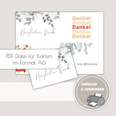 Dankekarte, Dankeskarten im 4er Set zum Ausdrucken - Dankeskarte, Danksagung ausdrucken