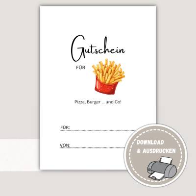 Gutschein zum Ausdrucken, Gutschein Pizza, Pommes ausdrucken, Gutschein Karte download, Essensgutschein - Printables,
