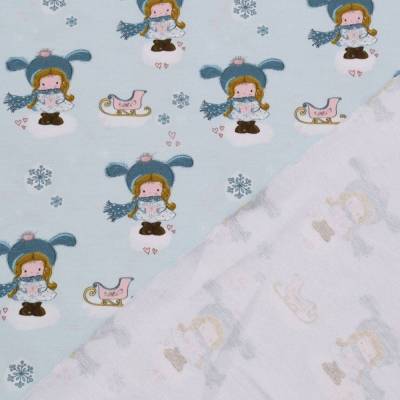 Sweat French Terry Stoffe süßes Wintermädchen blau – Sommersweat Meterware für Hoody Kleider Hosen Geschenke nähen
