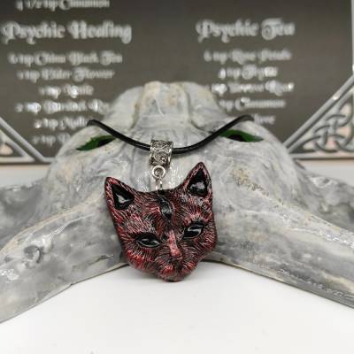 Mystische Katze mit drittem Auge, Halskette mit Anhänger aus Keramik in Wicca-Gothic Stil