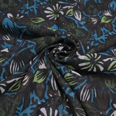 Stoff Chiffon Blusenstoff Blumenmuster Blätter Design schwarz petrol braun grün weiß Kleiderstoff