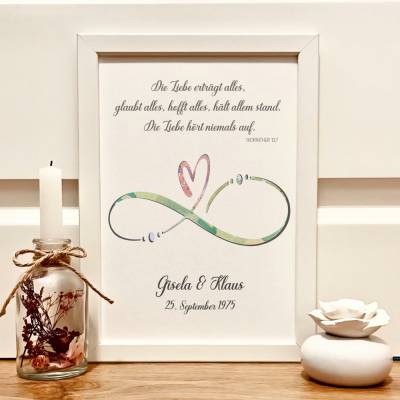 Personalisiertes Hochzeitsgeschenk mit Bibelvers – Geldgeschenk im Bilderrahmen A4 | Die Liebe hört niemals auf