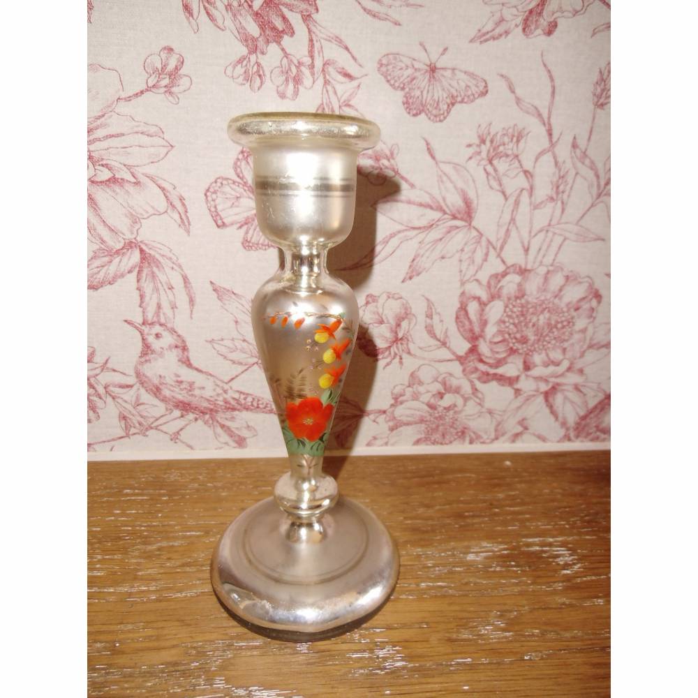 Kerzenständer Antik Original Bauernsilber Kerzenleuchter Kerzenhalter Glas Brocante Handbemalt Rarität Antiquität