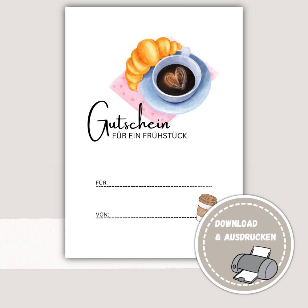 Gutschein zum Ausdrucken, Gutschein Frühstück ausdrucken, Gutschein Karte download, Essensgutschein, Frühstücksgutschein Bild 1