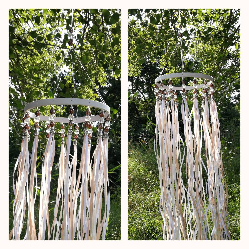 Boho Windspiel | Perlen & Bnder | 80 cm | wei creme champagner
