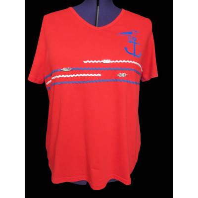 Maritimes Shirt " Meeresrauschen ", rotes Damen Shirt Größe 48.
