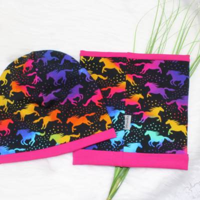 KU 48-49 Beanie Set Dreamland Horses Rainbow / Pferde / Loop / Mütze / Kindermütze / schwarz / pink / bunt