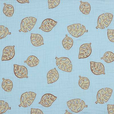 ♕ Zarte Musseline hellblau mit Blättern Monstera 50 cm x 135 cm Double Gauze ♕