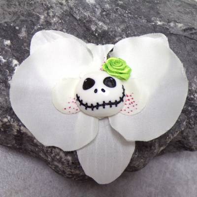 Skull Orchidee , Haarspange,  Stoff, Totenkopf, emo, Haarklammer, punk, gothic, weiss 