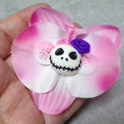 Skull Orchidee , Haarspange,  Stoff, Totenkopf, emo, Haarklammer, punk, gothic, rosa pink weiss 