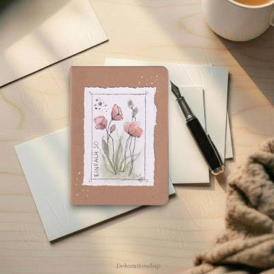 Grußkarte - EINFACH SO, handgemaltes Aquarell, Unikat Mohnblumen minimalistisch mit Büttenrand auf Kraftpapier