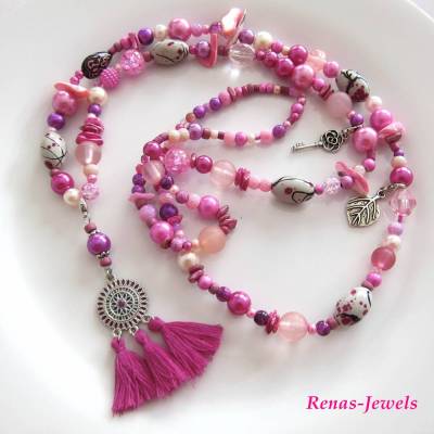 Bettelkette Kette lang pink rosa silberfarben mit Quasten Anhänger Perlenkette Boho Ibiza Hippie Kette Handgefertigt