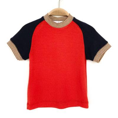 T-Shirt, Merinowolle Seide, 92/98, mohnrot marineblau, kurzärmlig, Upcycling, Oberteil, Raglanshirt, Trikot