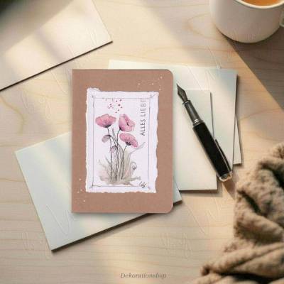 Grußkarte - ALLES LIEBE, handgemaltes Aquarellbild, Unikat Mohnblumen minimalistisch mit Büttenrand auf Kraftpapier