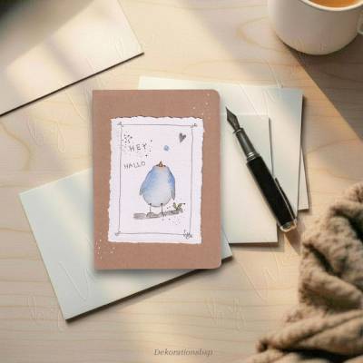 Grußkarte - Birdie HEY HALLO, handgemaltes Unikat, Aquarellbild Vogel minimalistisch mit Büttenrand auf Kraft