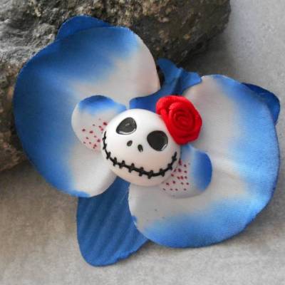 Skull Orchidee , Haarspange,  Stoff, Totenkopf, emo, Haarklammer, punk, gothic, blau 