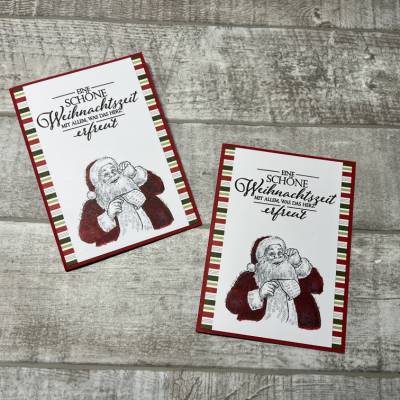 Grußkarten zu Weihnachten „Nikolaus / Weihnachtsmann wünscht eine schöne Weihnachtszeit“, klassisch rot-grün, Handarbeit