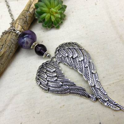 Auto Rückspiegel Anhänger lila Achat, Amethyst - Schutzengel Flügel - Spiegelbaumler, Rückspiegelanhänger