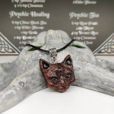 Mystische Katze mit drittem Auge, Halskette mit Anhänger aus Keramik in Wicca-Gothic Stil