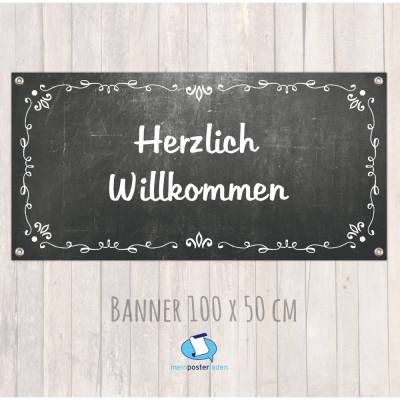 Banner Event 100 x 50 cm - personalisierbar | Tafeloptik mit Ornamenten - Herzlich Willkommen oder Wunschtext