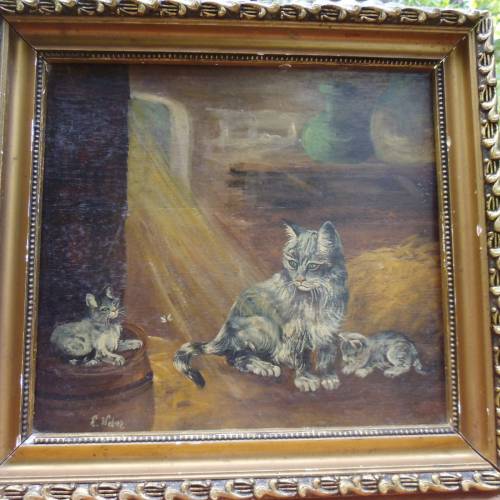 Antik Ölgemälde Ölbild Katzen Kätzchen E. Weber Landhaus Cottage