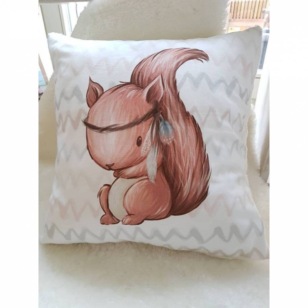 Kissen Waldtiere, Kissenbezug, Dekokissen Eichhörnchen, Kinderkissen, Zierkissen, 40x40 cm