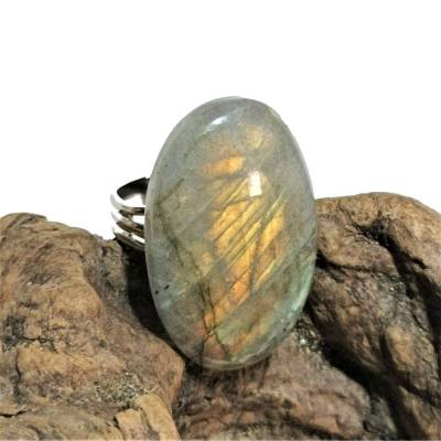 Cooler Ring mit 32 x 20 mm großem Labradorit Stein khaki pastell oval schimmernd Geschenk für ihn und sie