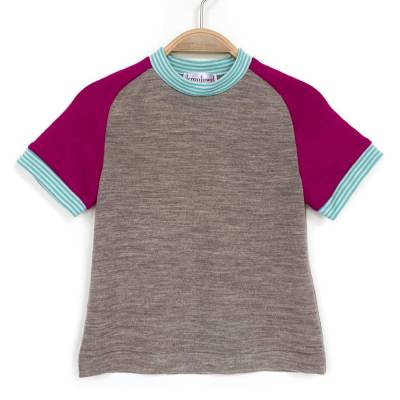 T-Shirt, Merinowolle Kaschmir,  92/98, braun pink türkis, kurzärmliges Oberteil, Upcycling, Raglanshirt, Trikot