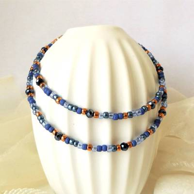 Kurze Kette, dunkelblau kupfer, Glasperlen Rocailles, Glasschliffperlen, Geschenk Frau Freundin