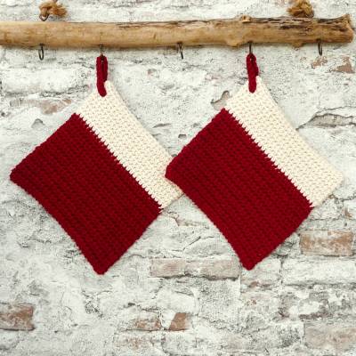 Topflappen, 1 Set / 2 Stück, Baumwolle, weinrot, naturweiß , Handarbeit, gehäkelt, Thermostich