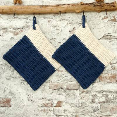 Topflappen, 1 Set / 2 Stück, Baumwolle, petrol, naturweiß , Handarbeit, gehäkelt, Thermostich