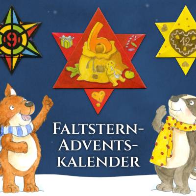 Faltstern-Adventskalender für Kinder von 6 bis 100+ Jahren, eine Faltanleitung, 24 Motive, jeden Tag ein Stern (je 7cm)