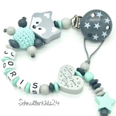 Schnullerkette mit Namen Junge Fuchs Häkelperle Ein bisschen Mama/Papa Mint Grau Geburt Taufe Babygeschenk