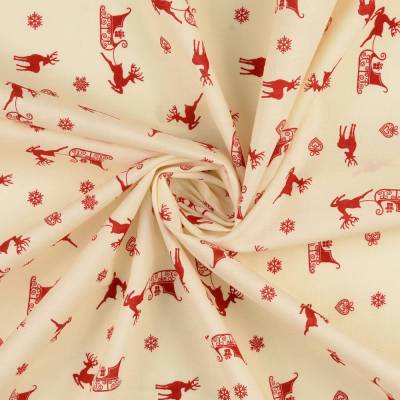 Weihnachtsstoff Baumwolle Popeline Rentier m. Schlitten creme- rot (1m/10,-€)