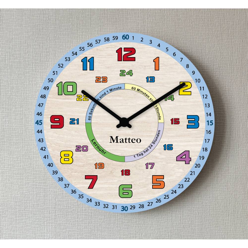 Kinder Lernuhr Wanduhr Blau Jungen Geschenk Kinderuhr Schulkind Schule Einschulung Uhrzeit lernen Bild 1