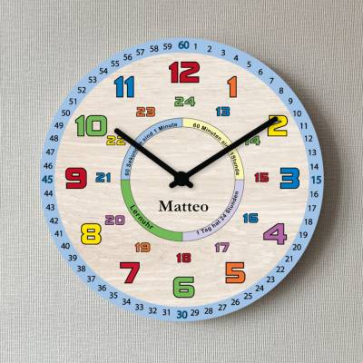 Kinder Lernuhr Wanduhr Blau Jungen Geschenk Kinderuhr Schulkind Schule Einschulung Uhrzeit lernen
