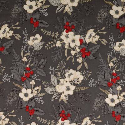 Weihnachtsstoff  Popeline Mistelzweig, Winterrosen grau (1m/10,-€)