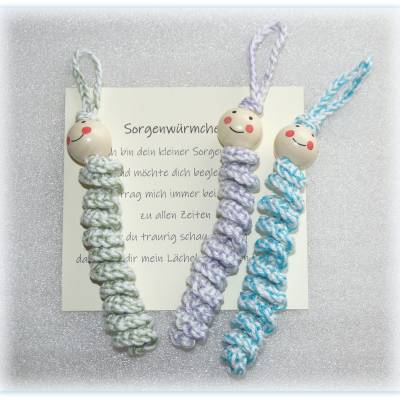 3 x Sorgenwürmchen mit Kärtchen Schlüsselanhänger, Sorgenwurm