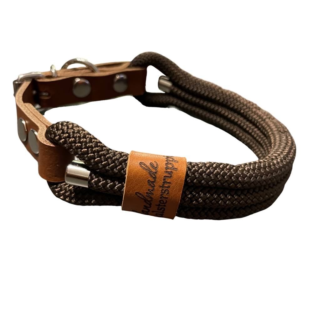Leine Halsband Set, Tau 10 mm, verstellbar, dunkelbraun, cognac, mit Leder  und Schnalle