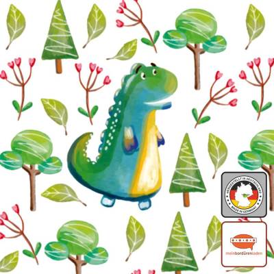 Kinderbordüre: Dino im Wald - grün - nach Aquarellart - optional selbstklebend - 20 cm Höhe