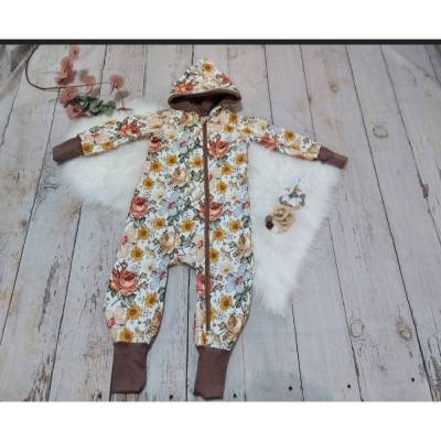 Softshell Overall mit Blumen retro – wählbare Bündchenfarbe, Gr. 68-122, beige